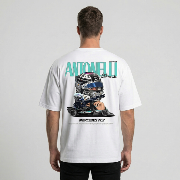 T-shirt Kimi Antonelli F1 blanc, vue dos : flocage graphique exclusif Tourismo Clothing