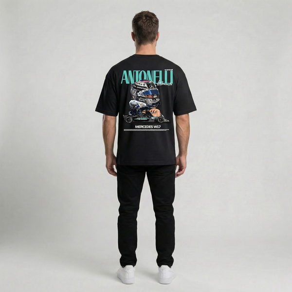 T-shirt Kimi Antonelli F1 noir, vue dos : flocage graphique exclusif Tourismo Clothing