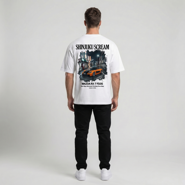 T-shirt Mazda RX-7 FD3S Shinjuku Scream blanc, zoom dos : flocage streetwear JDM premium, Tourismo Clothing
