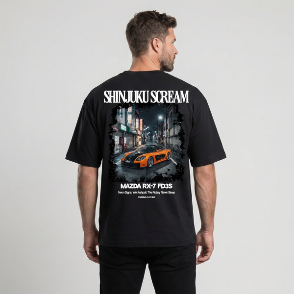 T-shirt Mazda RX-7 FD3S Shinjuku Scream noir, vue dos : design cinématographique Shinjuku, Tourismo Clothing