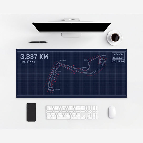Leclerc Monaco Circuit Map Mouse Mat — on a light-coloured desk.
