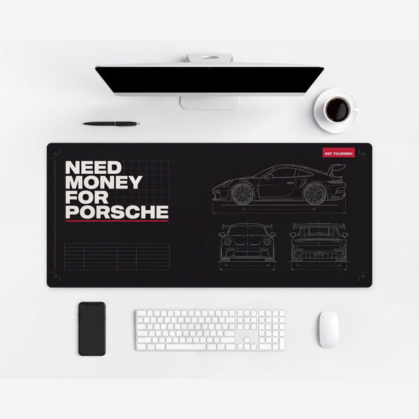 Need Money For Porsche Blueprint Mouse Mat — on a light-coloured desk.