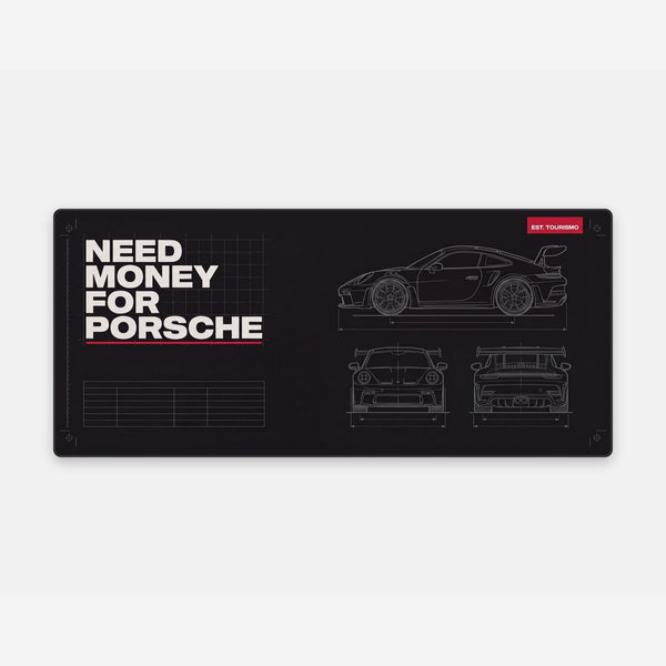 Need Money For Porsche Blueprint Mouse Mat — flat view of the mat.