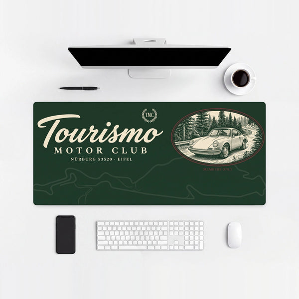 Mouse Pad Eifel Tourismo Motor Club, on a light desk with computer, keyboard and mouse