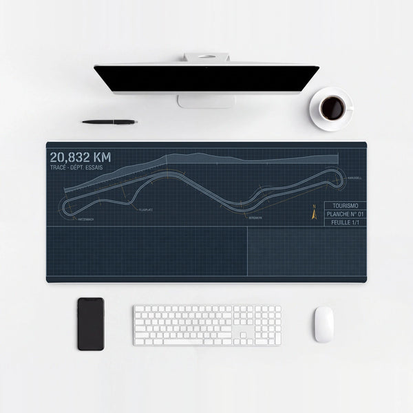 Mouse Pad Eifel Test Circuit Blueprint, on a light desk with computer, keyboard and mouse