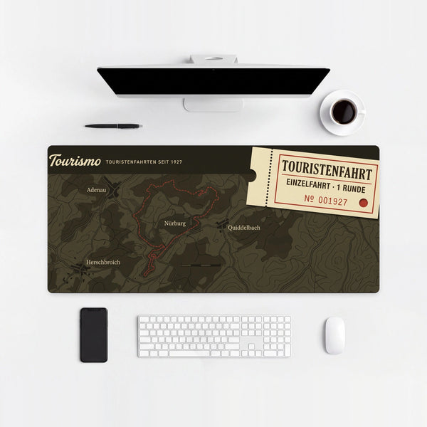 Mouse Pad Eifel Touristenfahrt, on a light desk with computer, keyboard and mouse