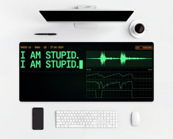Mouse Pad Charles Leclerc I Am Stupid, on a light desk with computer, keyboard and mouse