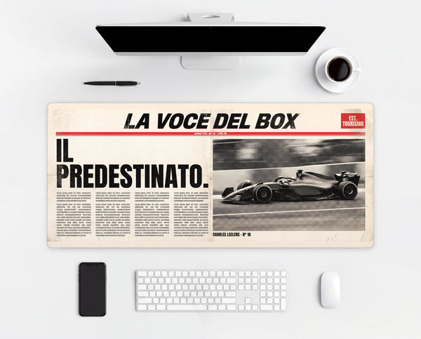 Mouse Pad Charles Leclerc Il Predestinato, on a light desk with computer, keyboard and mouse
