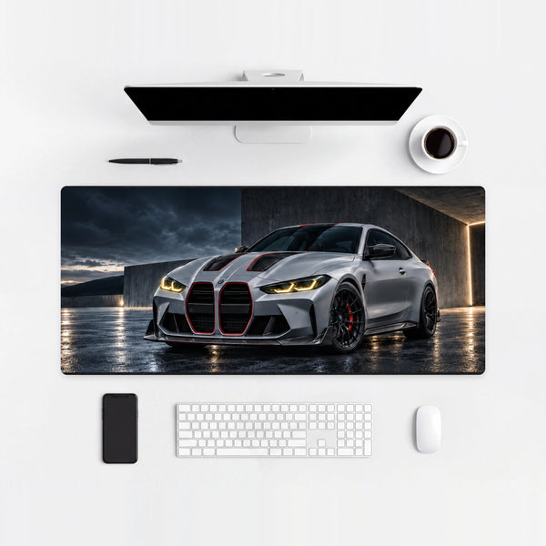 Mouse Pad BMW M4 CSL, on a light desk with computer, keyboard and mouse