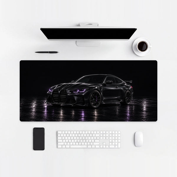 Mouse Pad BMW M4 Purple Lights, on a light desk with computer, keyboard and mouse