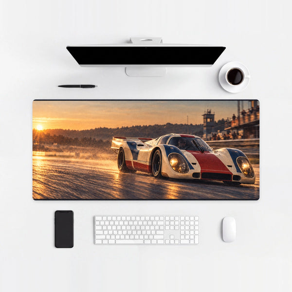 Mouse Pad Porsche 917K Le Mans 1970, on a light desk with computer, keyboard and mouse
