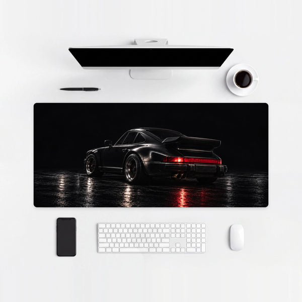 Mouse Pad Porsche 930 Turbo, on a light desk with computer, keyboard and mouse
