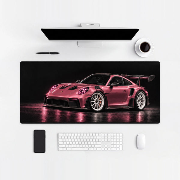 Mouse Pad Porsche 911 GT3 RS 992 Pink, on a light desk with computer, keyboard and mouse