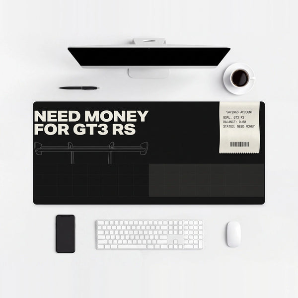 Mouse Pad Porsche GT3 RS Need Money, on a light desk with computer, keyboard and mouse
