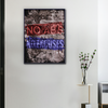 Toile “No ABS No Excuses” accrochée dans un intérieur moderne avec cadre noir.