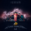 Toile canvas F1 Lewis Hamilton, voiture Ferrari rouge avec casque jaune et numéro 44, ambiance cinématographique