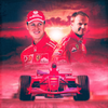 Toile F1 Michael Schumacher et Rubens Barrichello, accrochée au mur, ambiance rouge Ferrari F2004, duo de pilotes légendaires