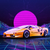 Affiche Lamborghini jaune dans un univers violet rétro-futuriste avec fond géométrique et effet VHS