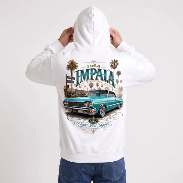 Sweat Chevrolet Impala 1964 Original Street Elegance blanc à capuche, grand visuel vu de dos