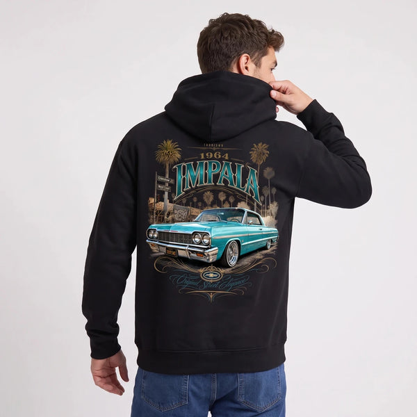 Sweat Chevrolet Impala 1964 Original Street Elegance noir à capuche, grand visuel vu de dos