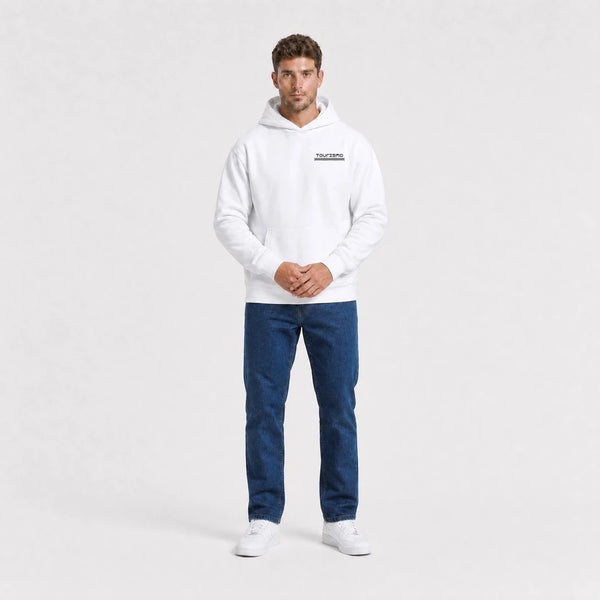 Sweat F1 Franco Colapinto Signature blanc vu de face en plan large avec logo Tourismo