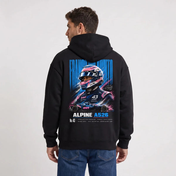 Sweat F1 Franco Colapinto noir à capuche vu de dos avec design Signature Alpine A526