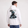 Sweat F1 George Russell Signature blanc à capuche, pilote et monoplace vus de dos