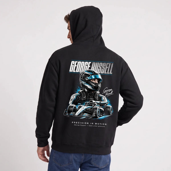Sweat F1 George Russell Signature noir à capuche, pilote et monoplace vus de dos