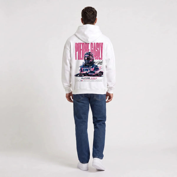 Sweat F1 Pierre Gasly blanc porté de dos en plan large avec grand print Signature