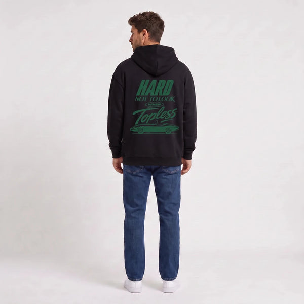 Sweat Jaguar E-Type Topless noir à capuche vu de dos avec design vert