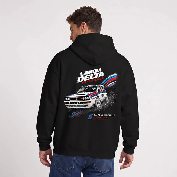 Sweat Lancia Delta Integrale noir à capuche, voiture de rallye vue de dos