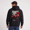 Sweat Peugeot 205 GTI noir à capuche, sportive française rouge vue de dos