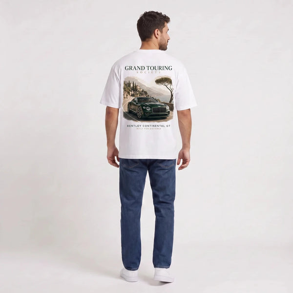 T-shirt Bentley Continental GT Grand Touring Society blanc porté de dos en plan large