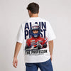 T-shirt F1 Alain Prost Légende blanc avec pilote et monoplace vus de dos