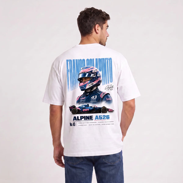 T-shirt F1 Franco Colapinto Signature blanc, design automobile vu de dos