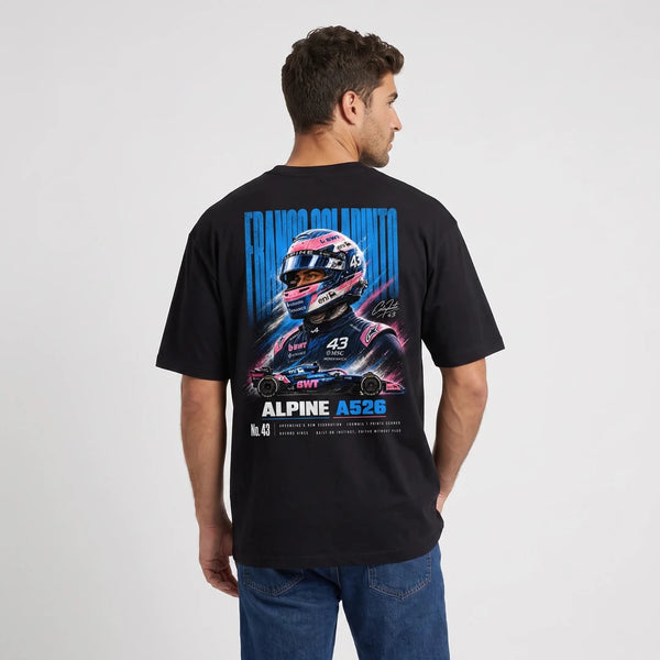 T-shirt F1 Franco Colapinto noir vu de dos avec design Signature Alpine A526