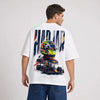 T-shirt F1 Isack Hadjar Signature blanc avec pilote et monoplace vus de dos
