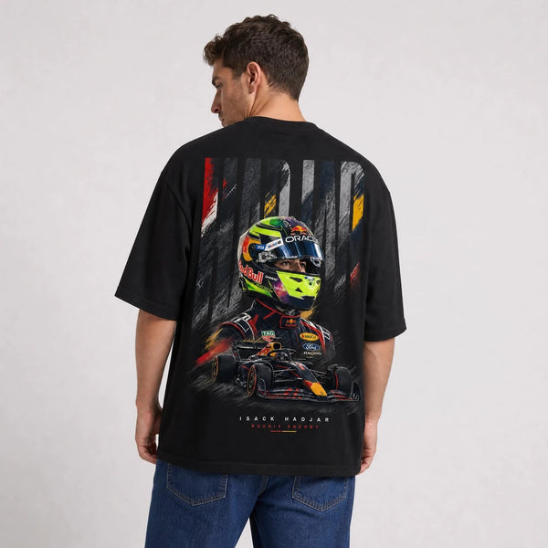 T-shirt F1 Isack Hadjar Signature noir avec pilote et monoplace vus de dos