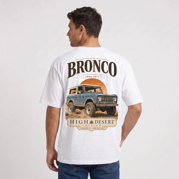 T-shirt Ford Bronco First Generation blanc vu de dos avec design High Desert Edition