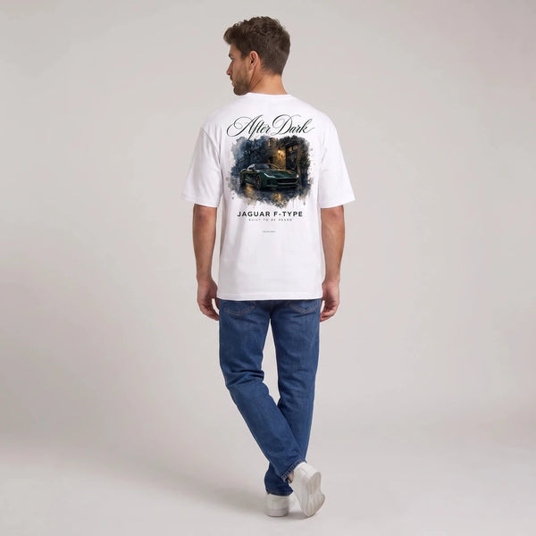 T-shirt Jaguar F-Type After Dark blanc vu de dos avec visuel nocturne