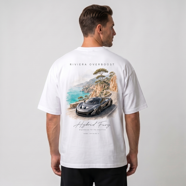 T-shirt blanc oversize Riviera Overboost avec print dos McLaren P1 sur corniche méditerranéenne, Tourismo Clothing